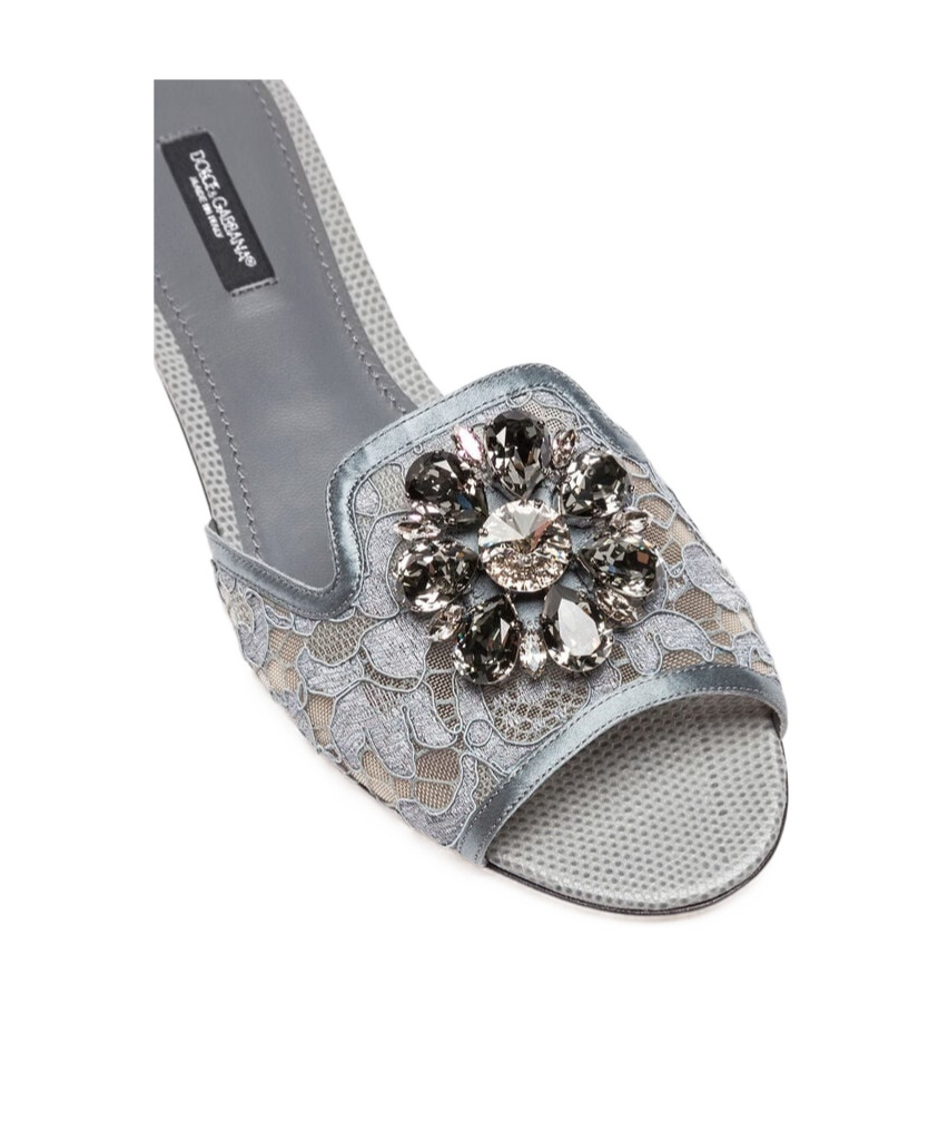 Shop Dolce & Gabbana Crystal-flower Lace Slides In Gray