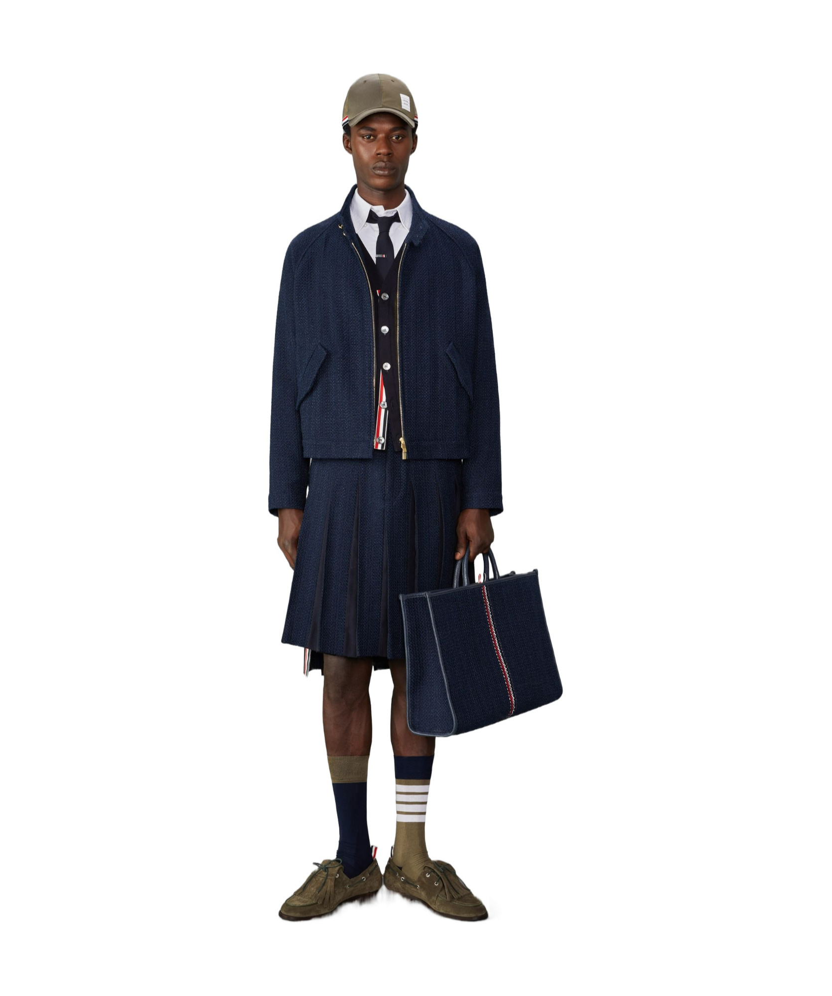 Thom Browne Rwb-striped Tweed Bomber Jacket In Blue