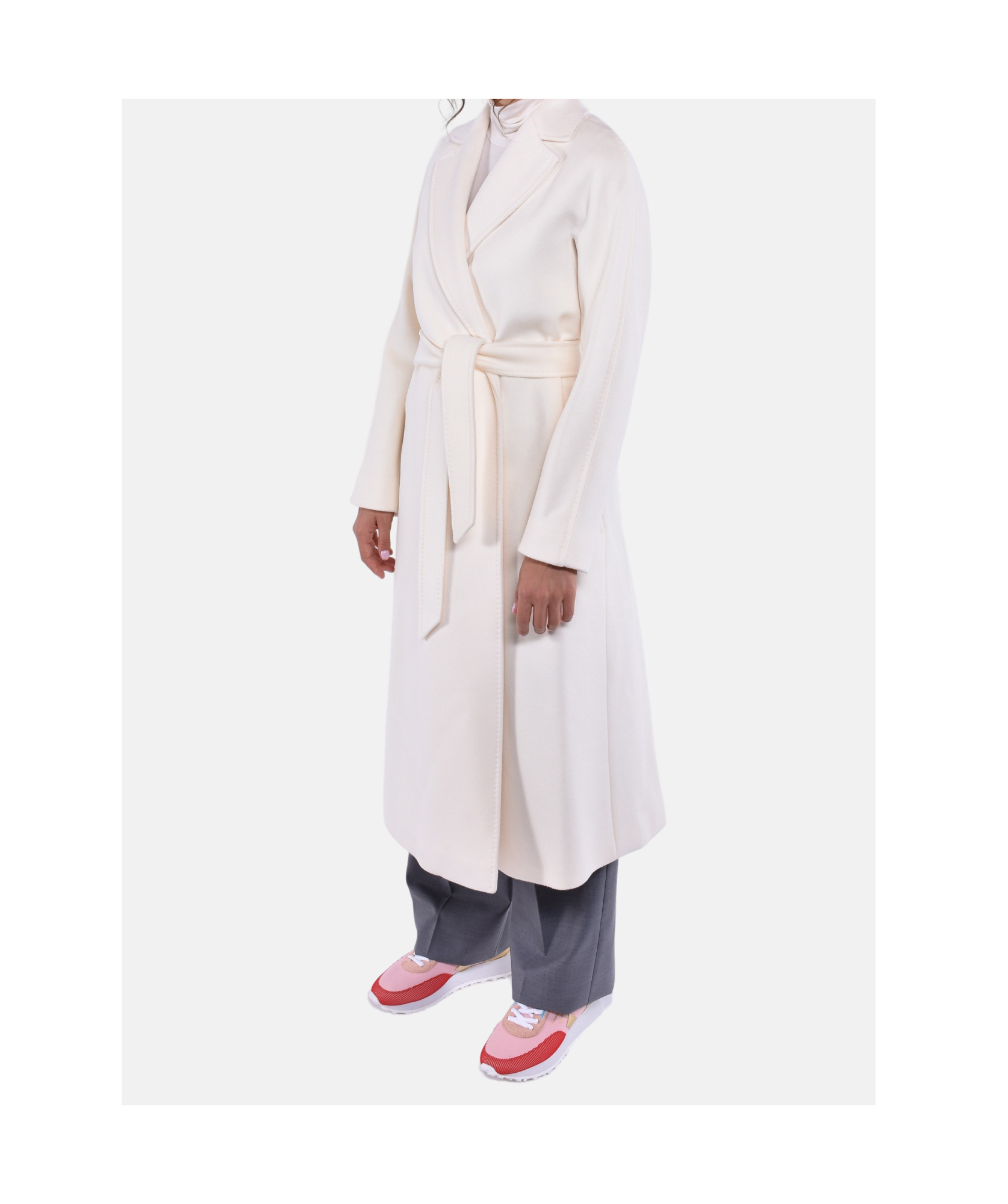 Max Mara Studio Belted Long-sleeved Coat In White