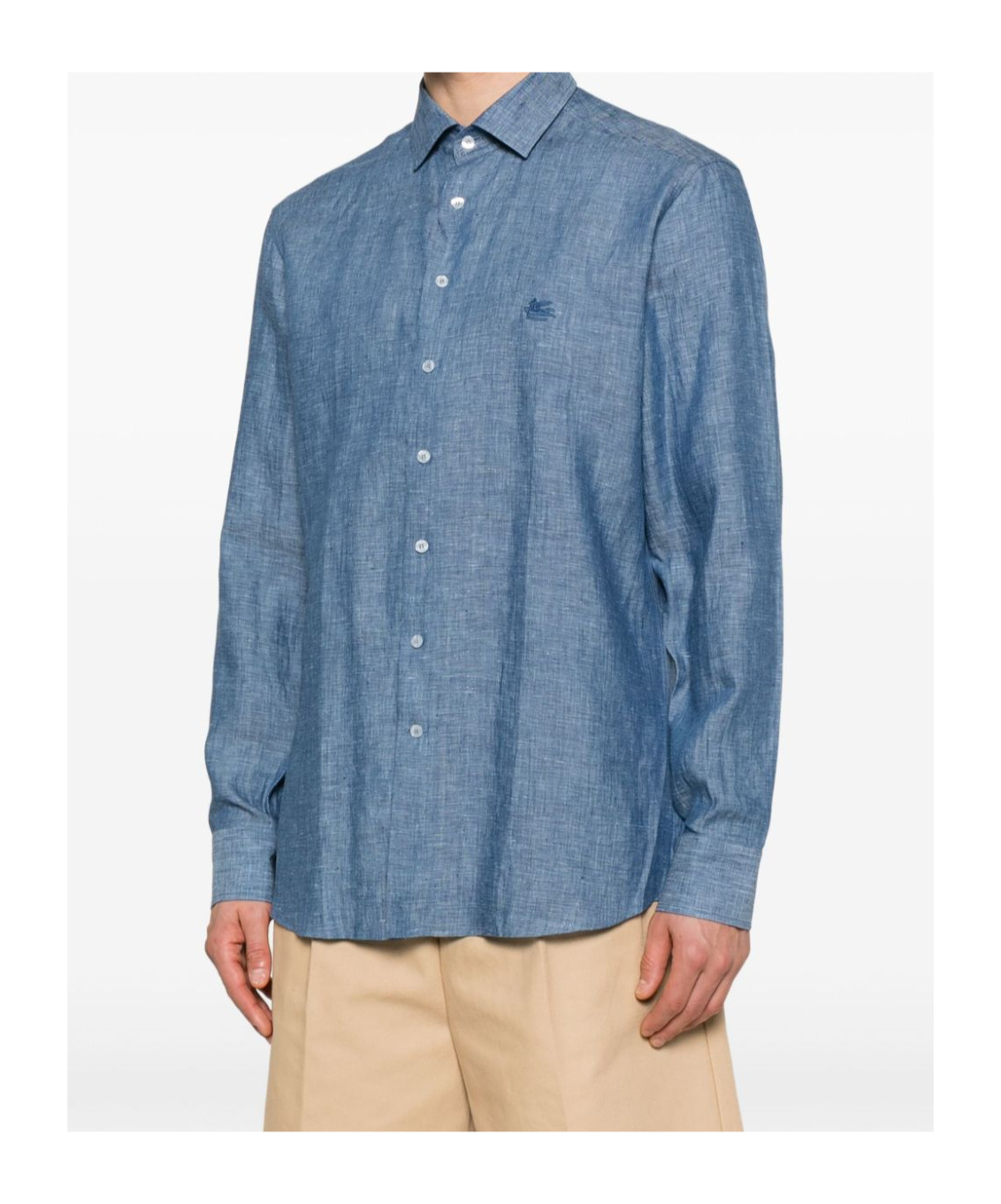 Etro Light Blue Linen Shirt With Embroidered Logo In Blue