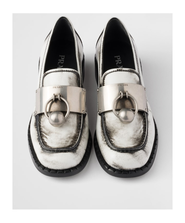 Shop Prada Brushed Leather Loafers With Metal Details In White