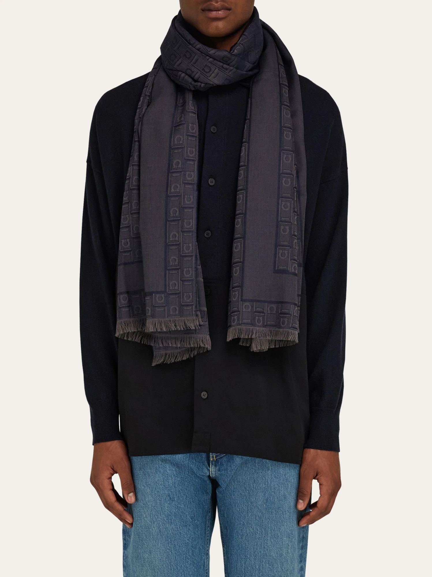 Ferragamo Gancini Monogram Jacquard Wool Scarf In Black