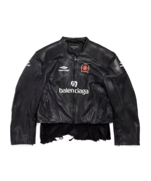 Balenciaga Leather Distressed Racer Jacket In Black
