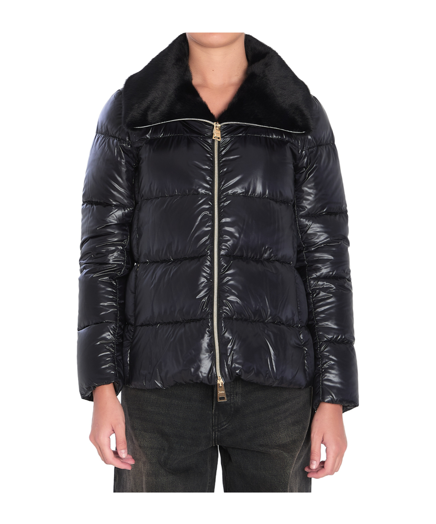 Herno Light Puffer With Collar Fur In Blue