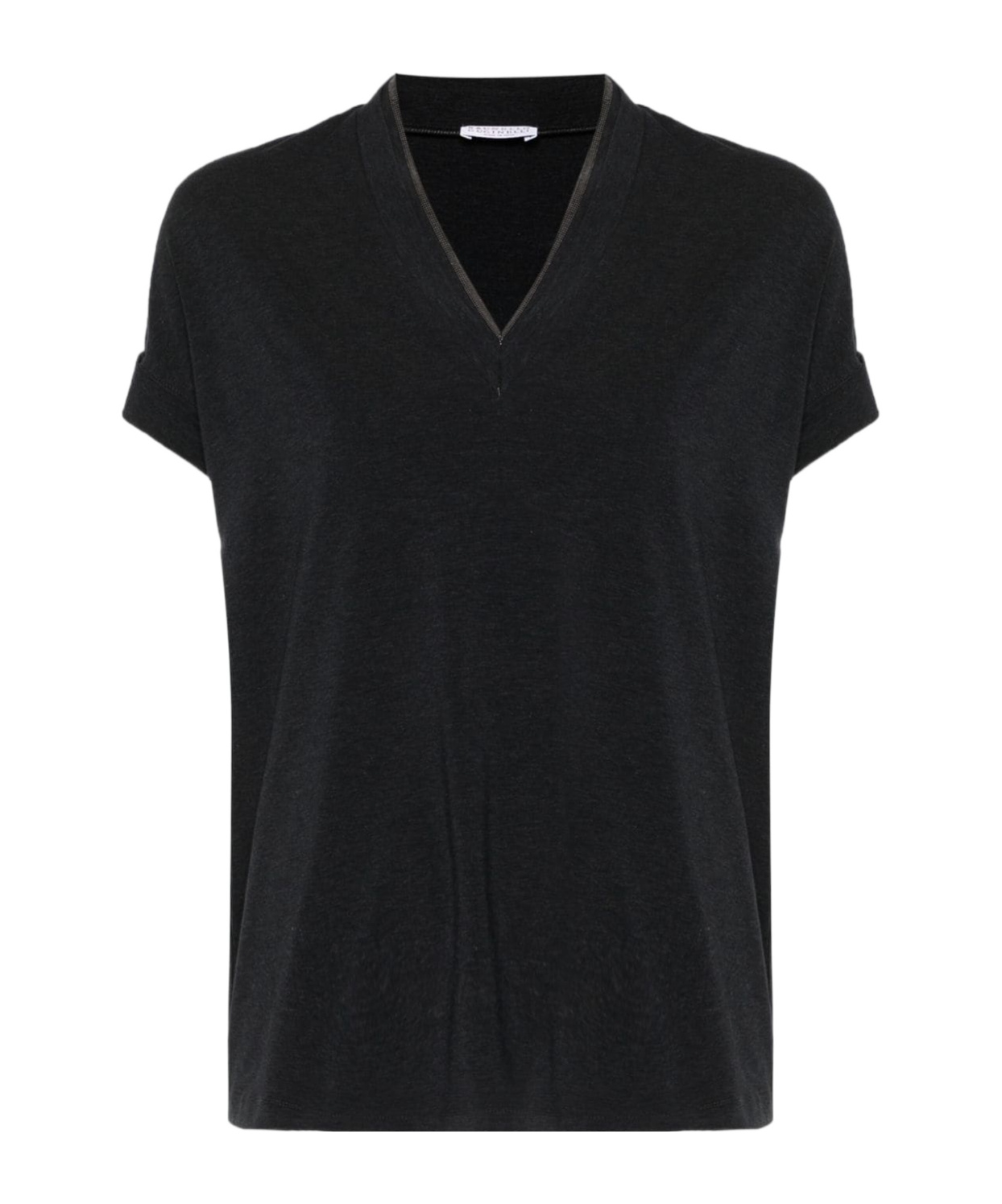 Brunello Cucinelli Black V-neck T-shirt With Monile Detail In Stretch Cotton Woman In Black