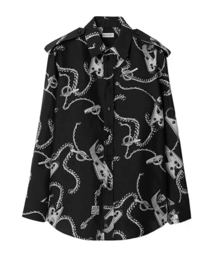 Burberry Chain-print Long-sleeve Collared Silk Top In Black