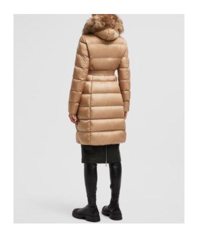 Moncler Doudoune Longue À Capuche Bordée De Shearling Boedic In Brown