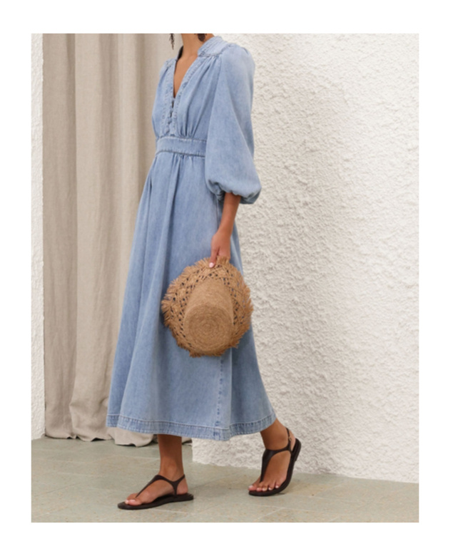 Zimmermann V-neck Flared Denim Midi Dress In Blue