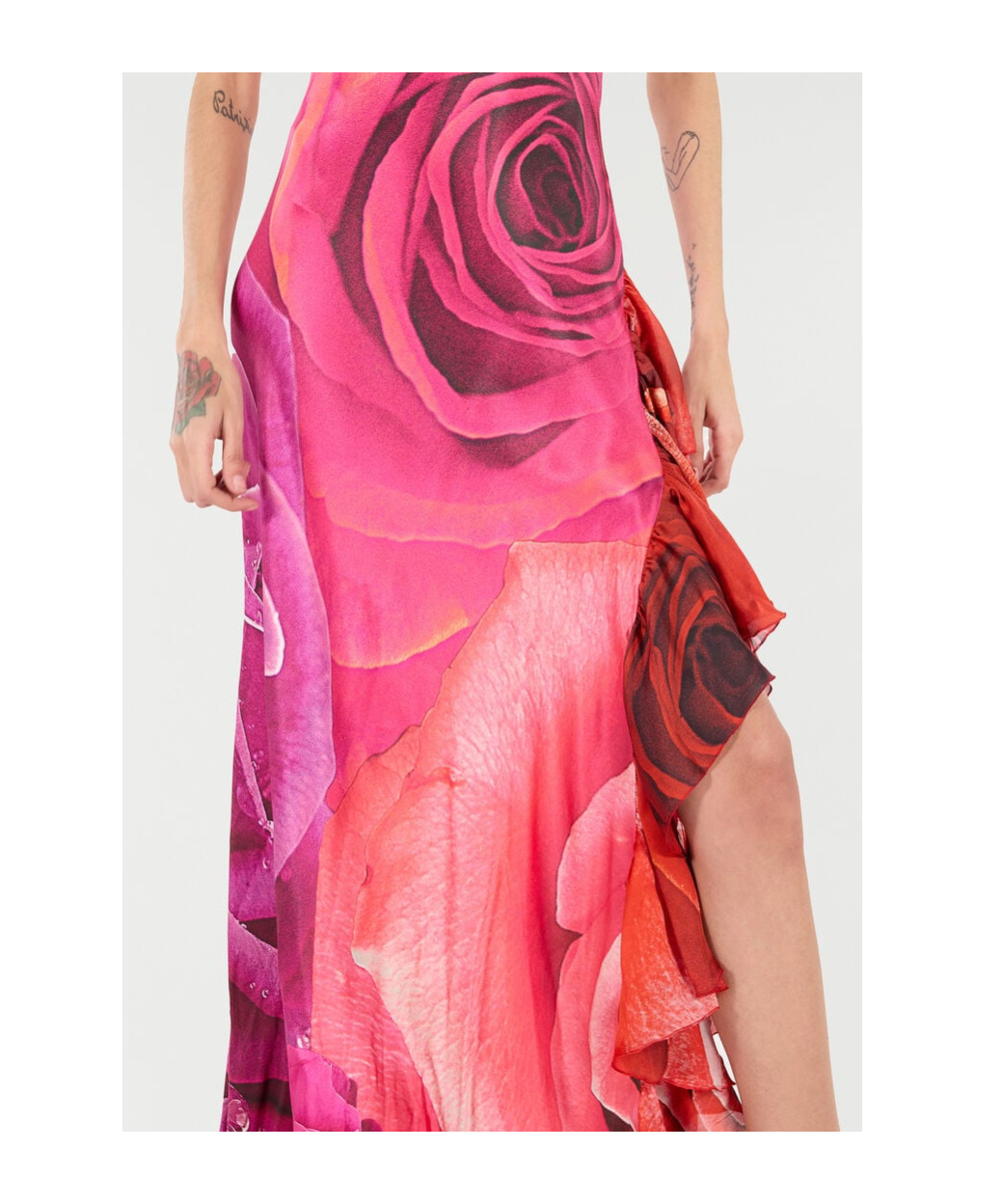 ROBERTO CAVALLI DRESS WITH ROSE PRINT AND FLOUNCES