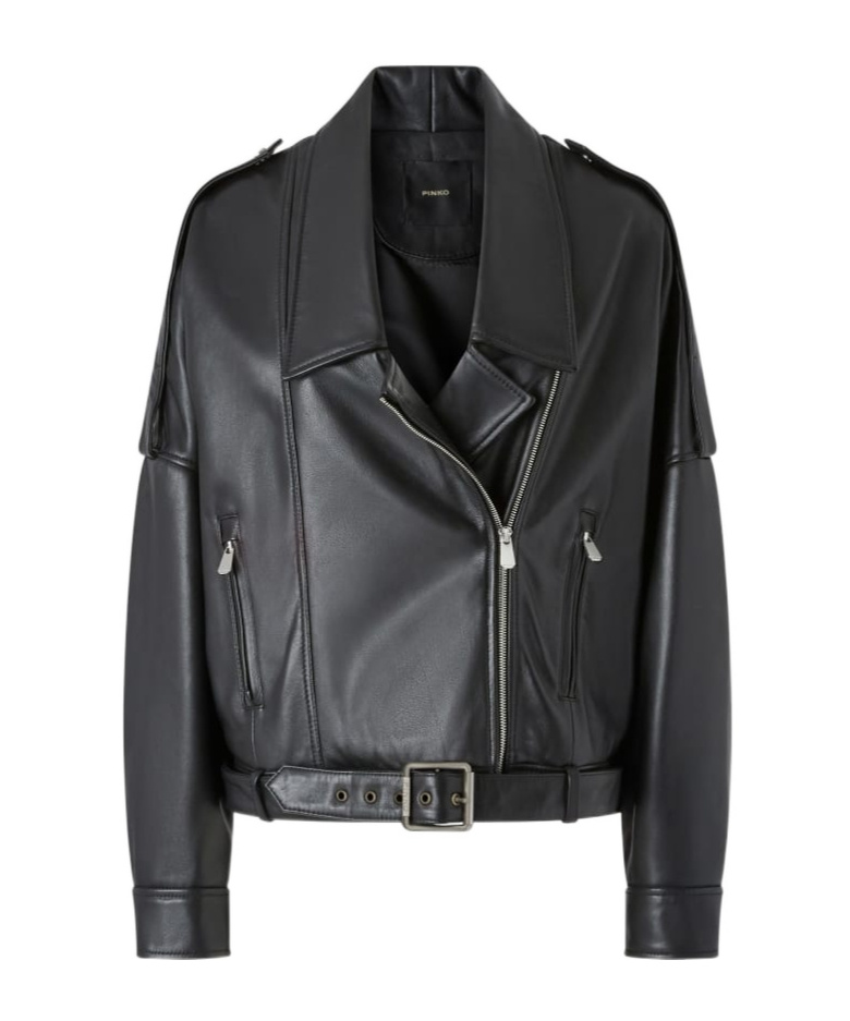 Pinko Cropped Leather Jacket With Asymmetrical Zip In Black