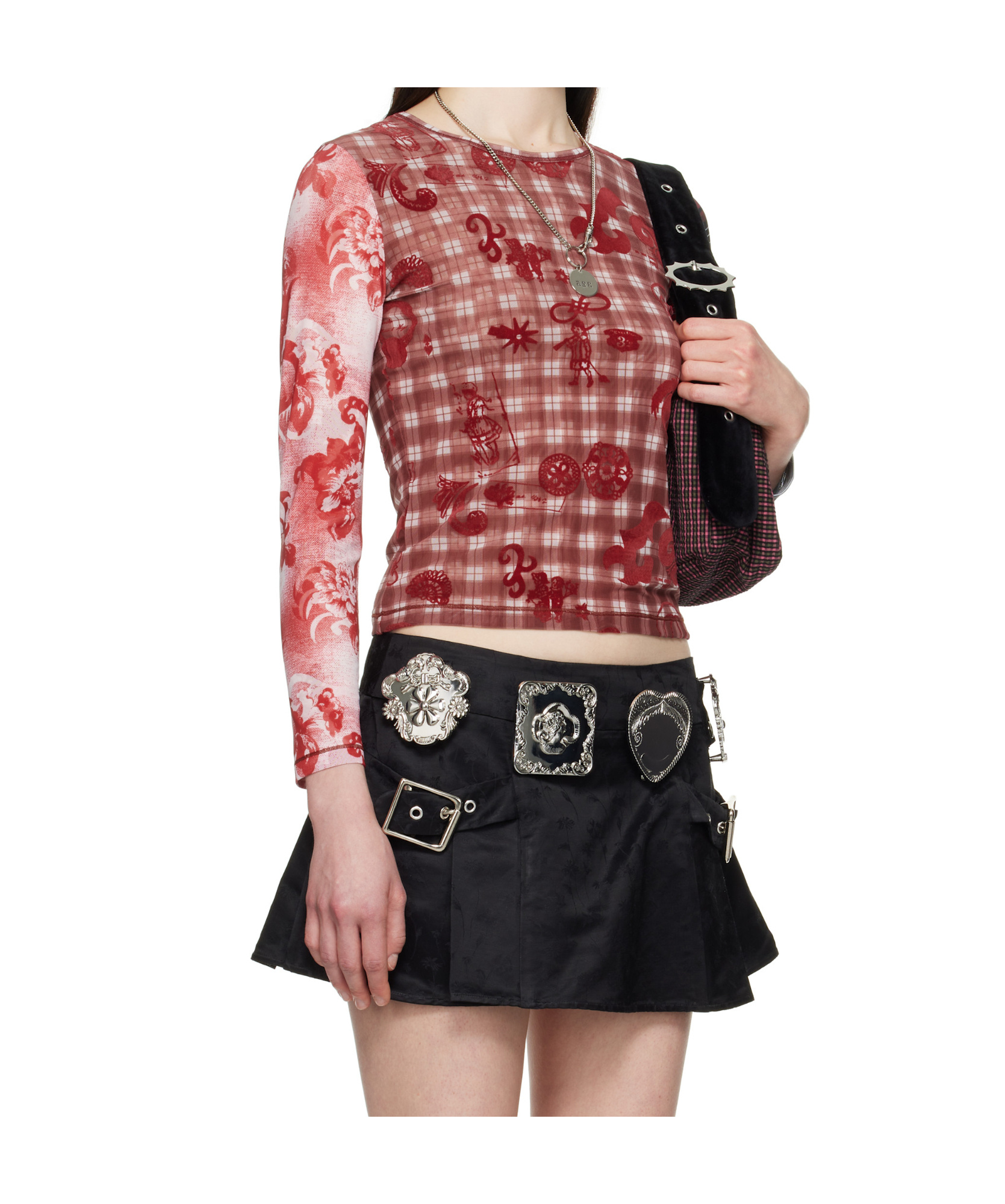 Chopova Lowena Red Trigger Flocked Mesh Long Sleeve In Black