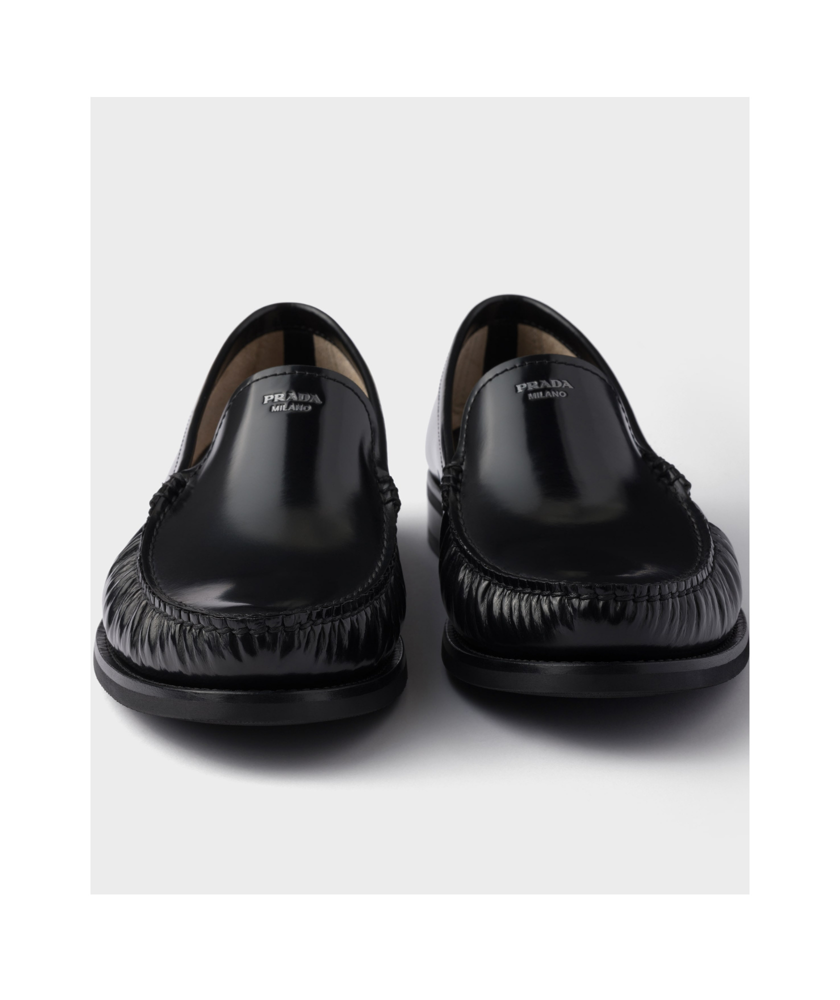 Prada Polished Leather Flat Shoes In Black
