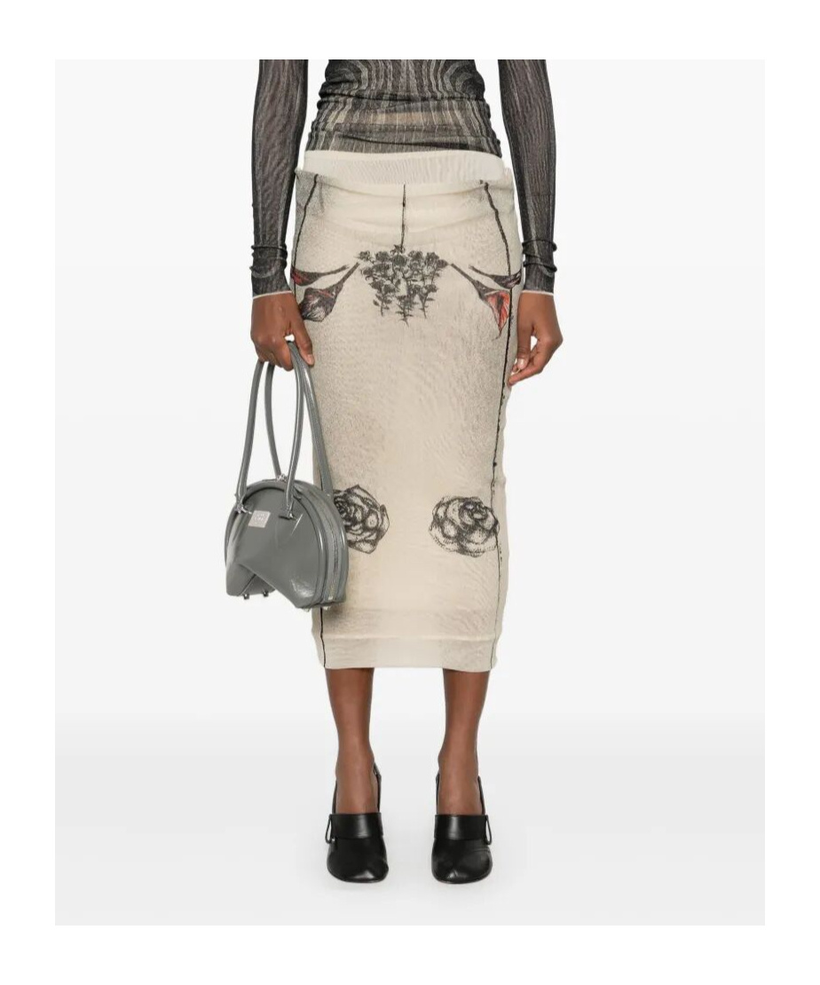 Jean Paul Gaultier Mesh Printed Double Layer Midi Skirt In Ecru Black Red