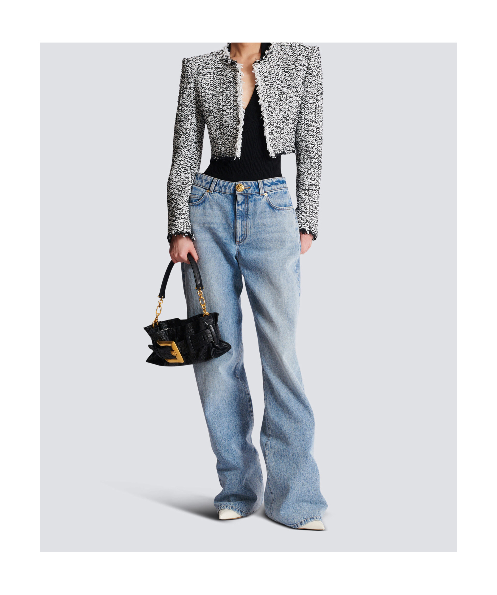 Balmain Tweed Cropped Jacket In Gray