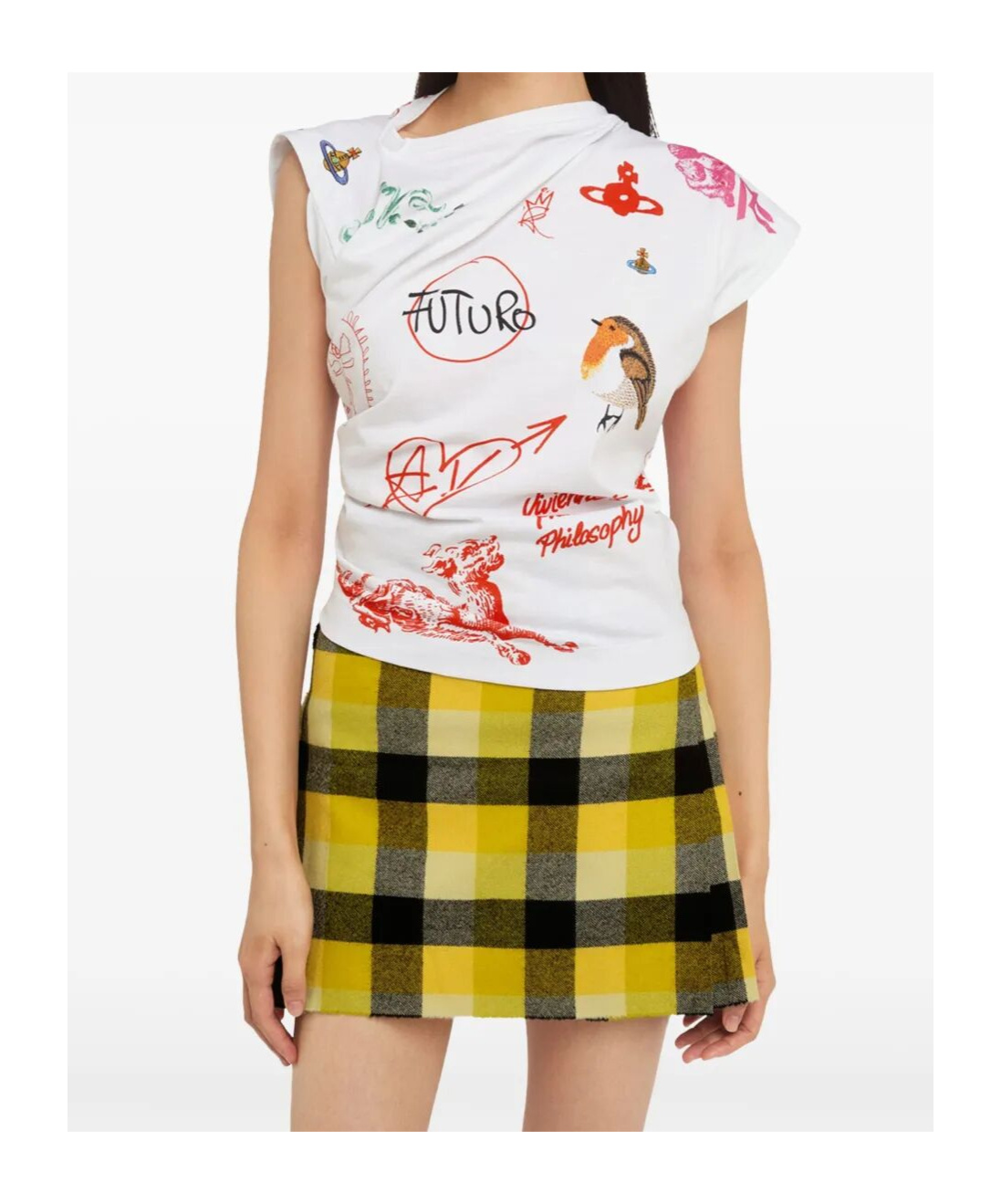 Vivienne Westwood Asymmetric Cap Sleeve Graphic Print Top In White