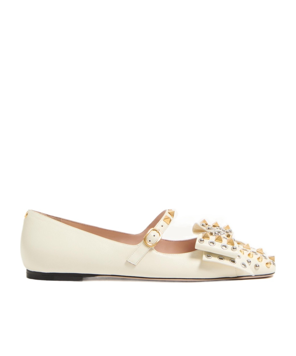 Valentino Mary-jane Bowow Ballerina In Kidskin With Studs In Ivory White