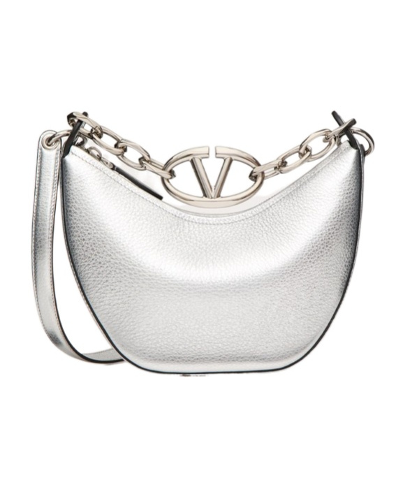 Shop Valentino Vlogo Moon Mini Hobo Bag In Metallic Grainy Calfskin With Chain In White