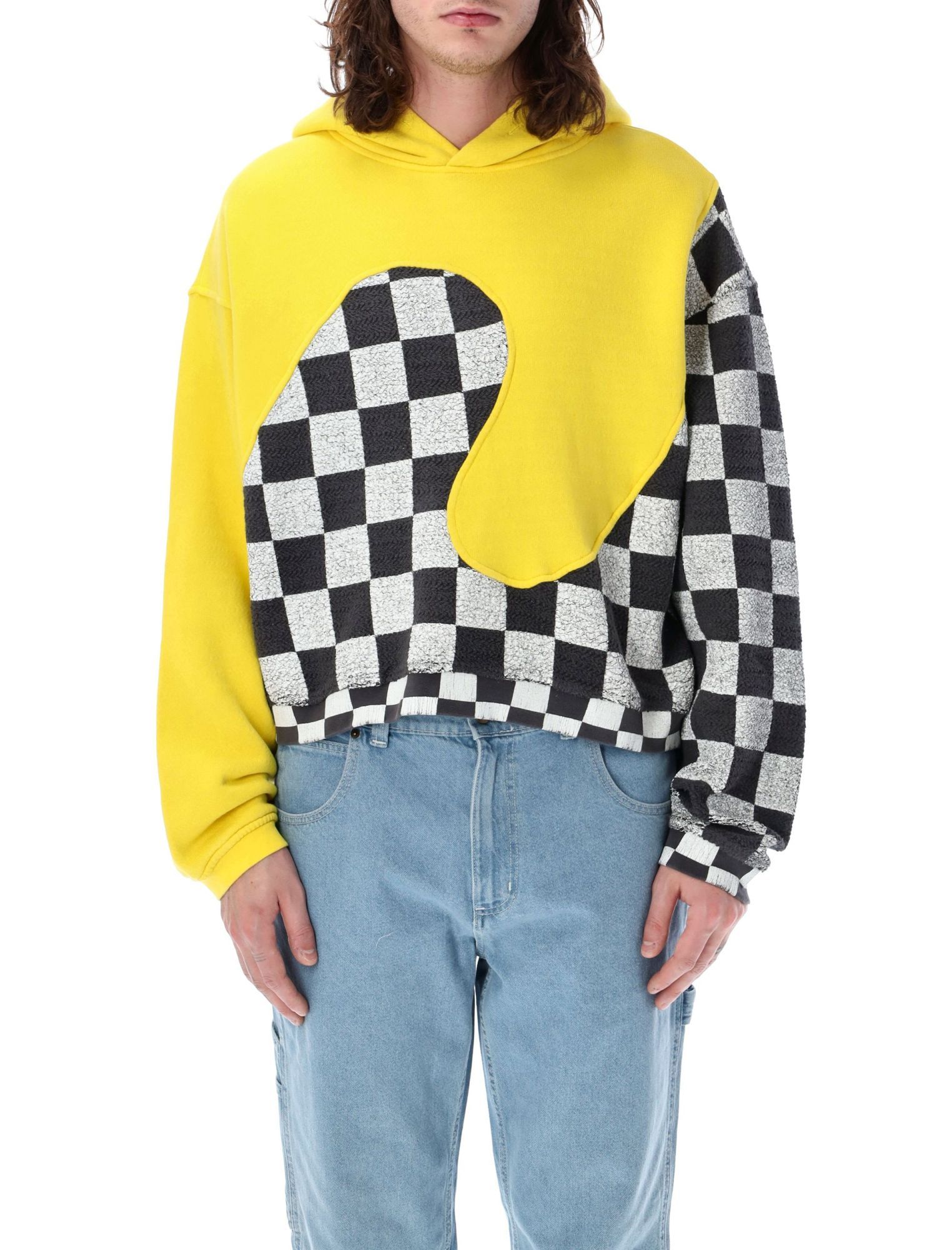 Erl Yellow Check Pattern Panelled Hoodie In Cotton Unisex In Yellow