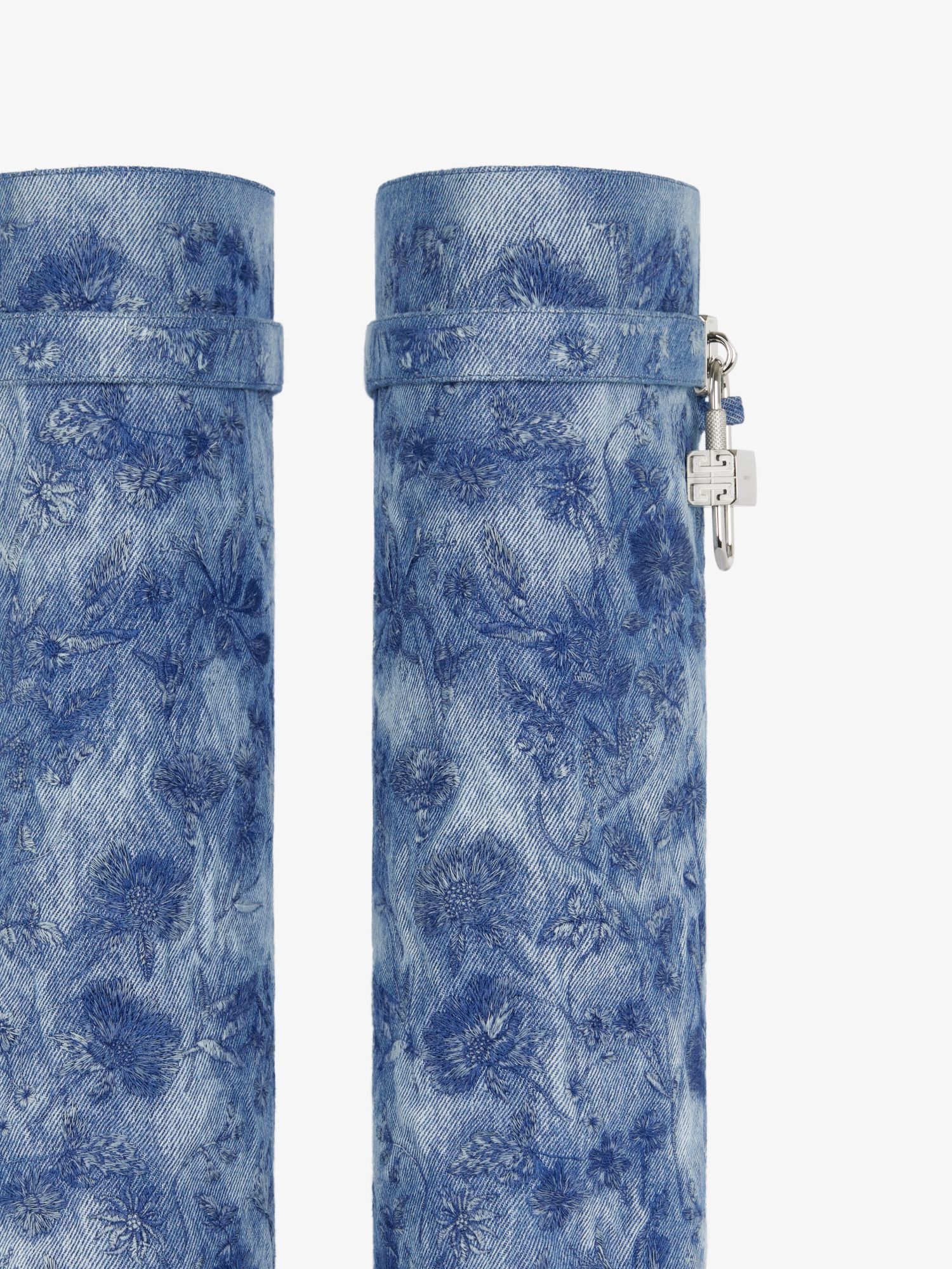 GIVENCHY SHARK LOCK BOOTS IN DENIM WITH FLORAL EMBROIDERY