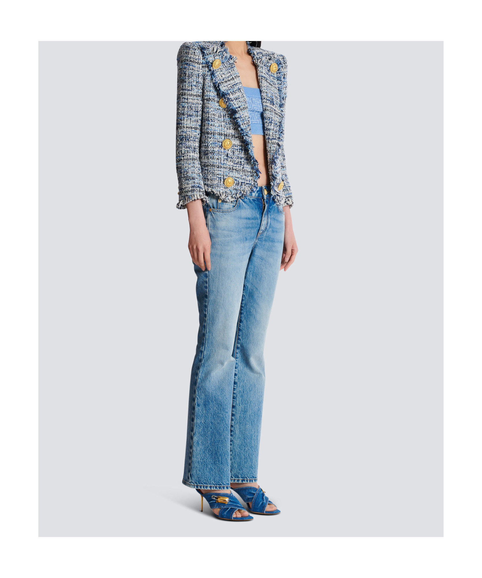 Balmain Spencer Button-embellished Frayed Cotton-blend Tweed Blazer In Gray