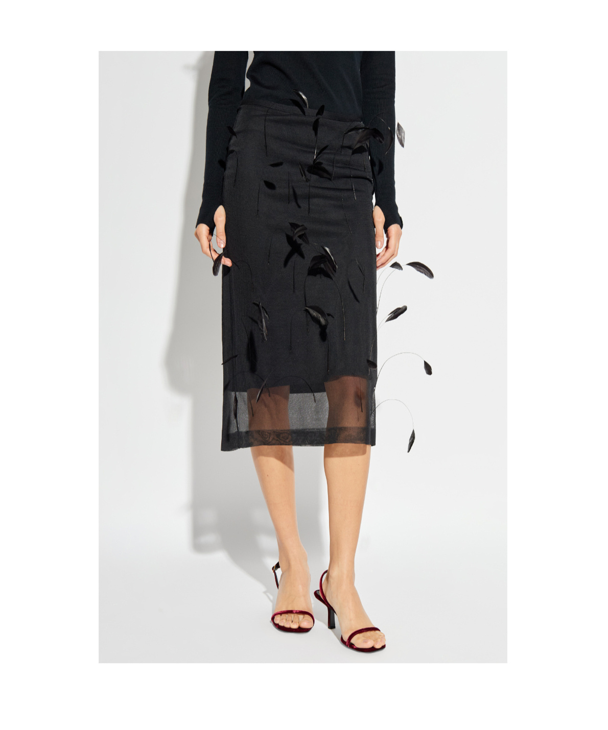 Jil Sander Feather-embellished Midi Skirt In Black