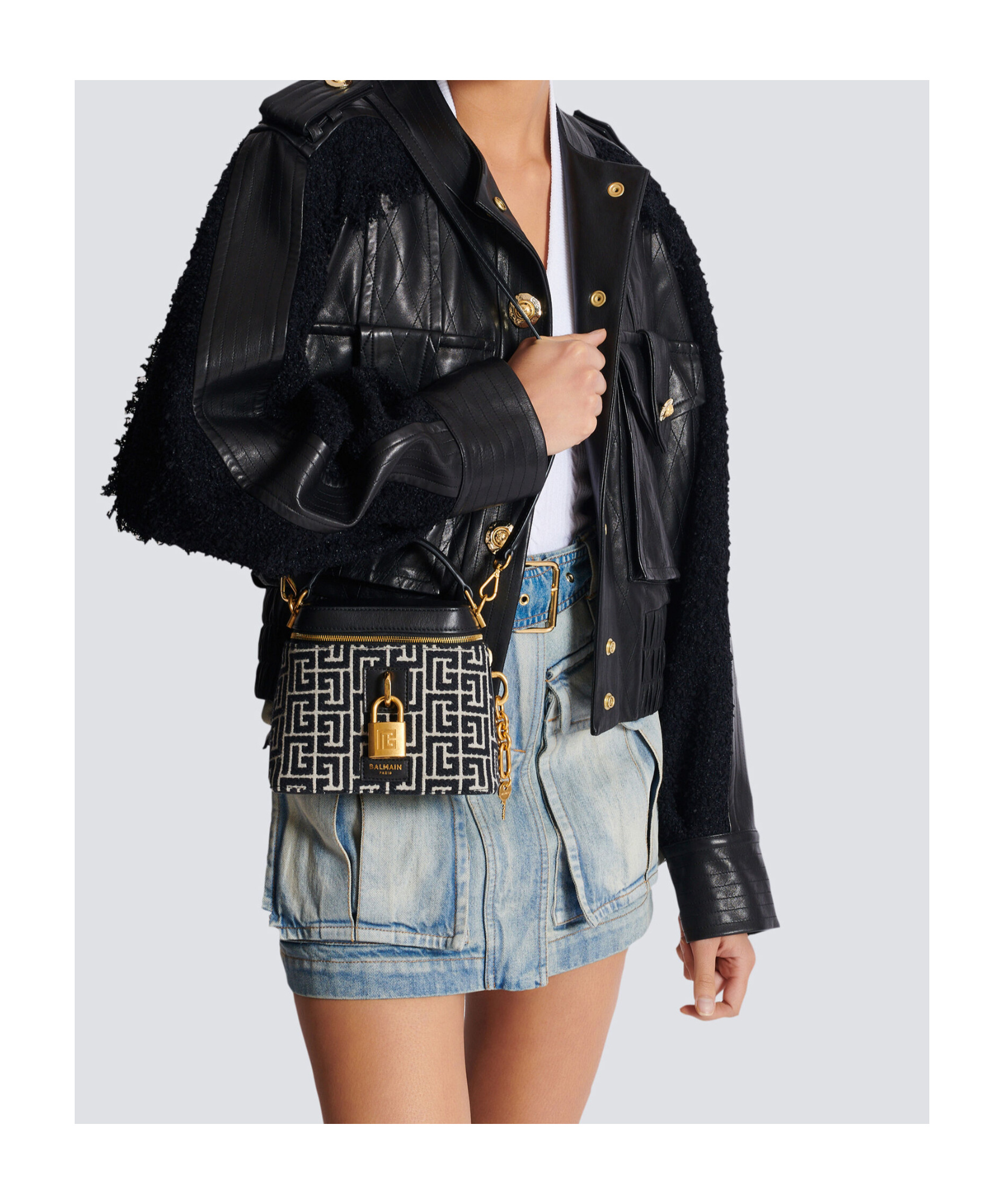 Balmain Pulse Vanity Bag In Monogrammed Jacquard Canvas And Leather In Black
