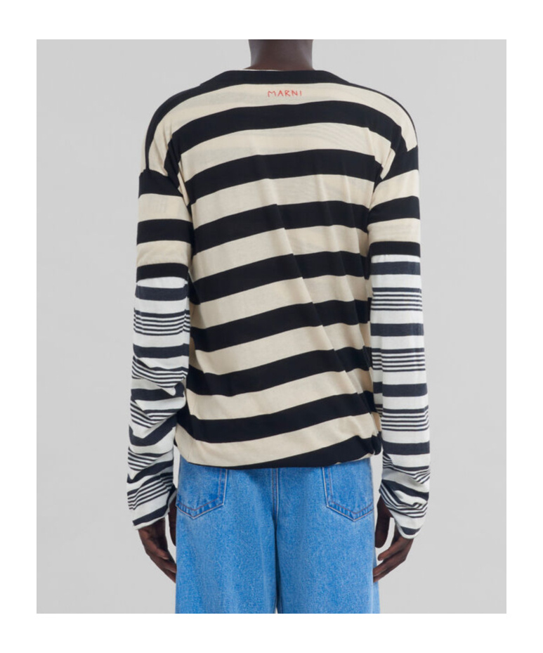 Shop Marni Black And White Layered Cotton Crew-neck With Contrast Stripes