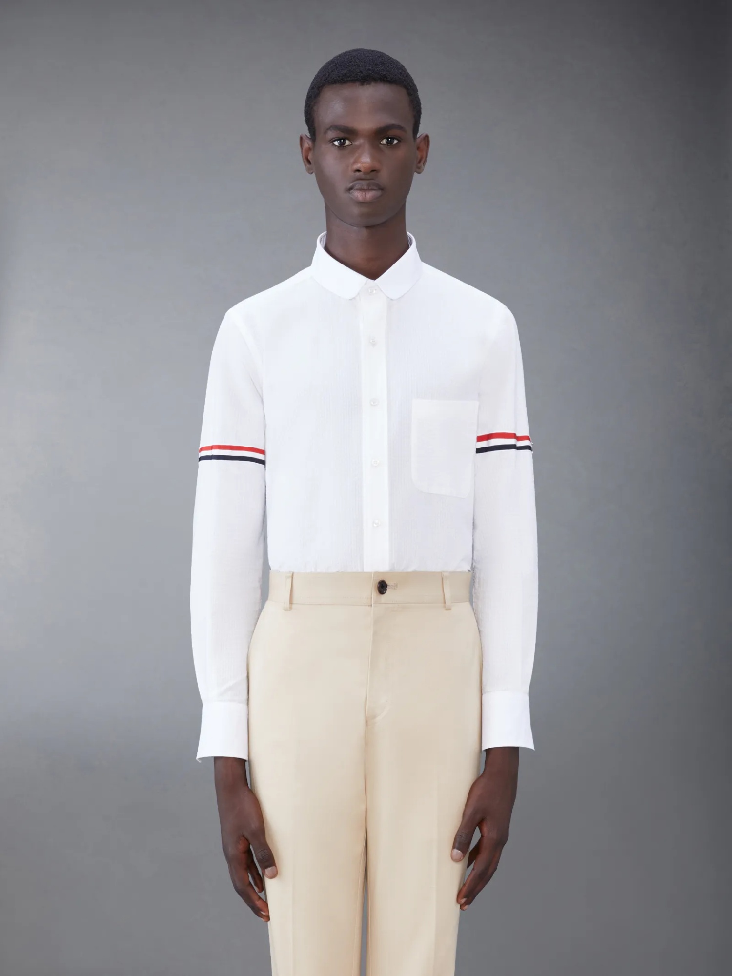 Thom Browne Armband-detail Seersucker Rwb Striped Shirt In White