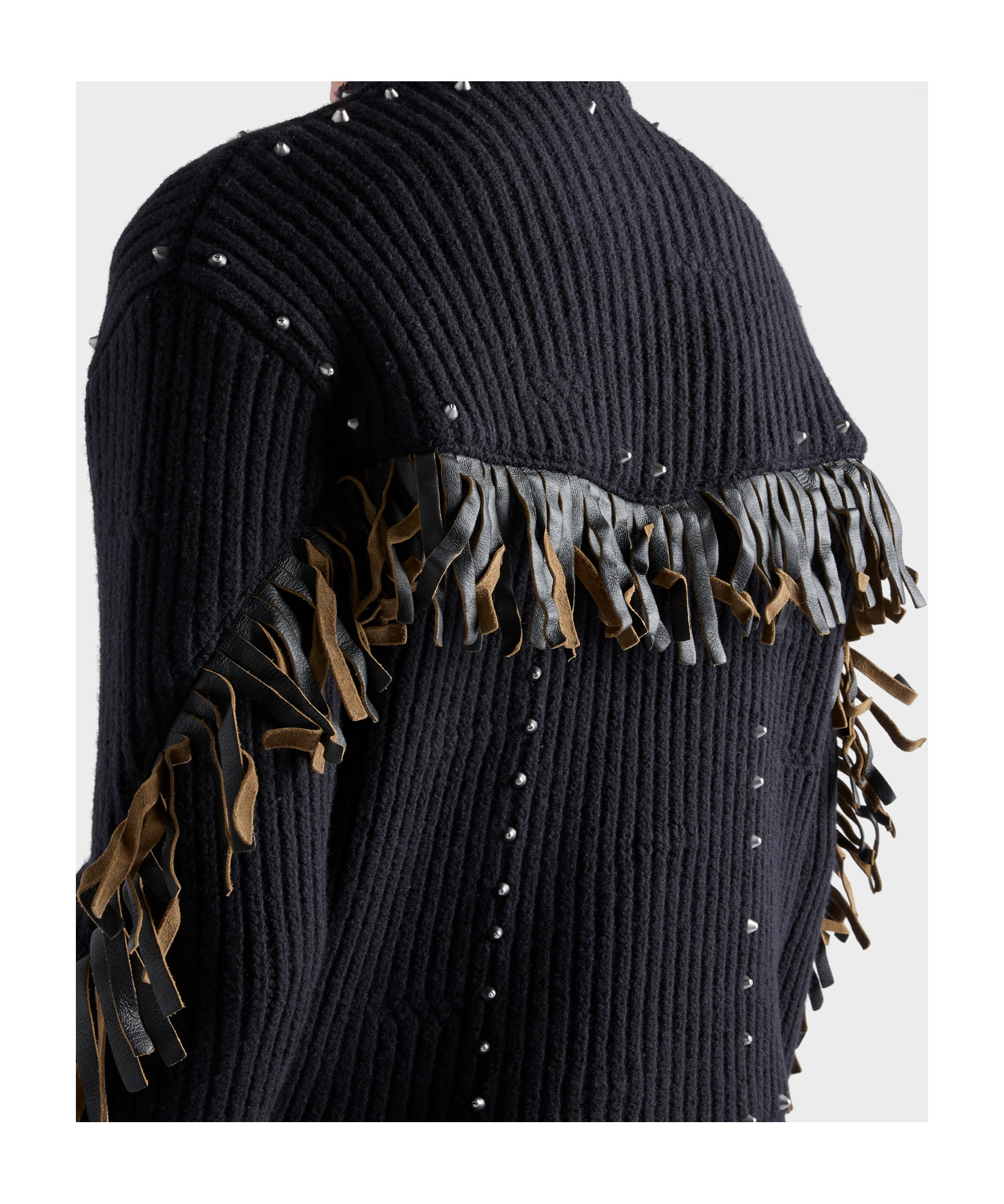 Prada Wool Crew-neck Sweater With Fringe And Studs In Black