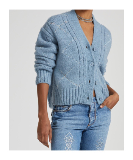 Ermanno Scervino Alpaca And Merino Blend Cardigan With Diamond Pattern And Microcrystal Logo In Blue