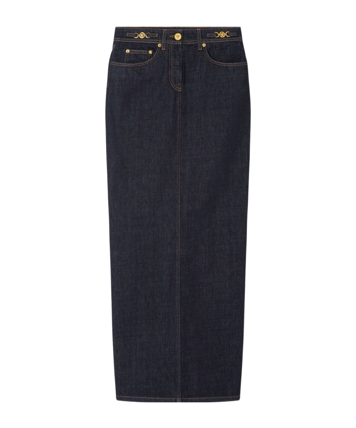 Versace Long High-waisted Denim Skirt With Rear Slit In Black