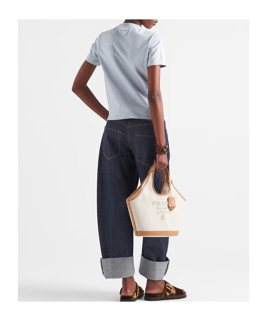 Prada Washed Cotton T-shirt With Short Sleeves In Blue