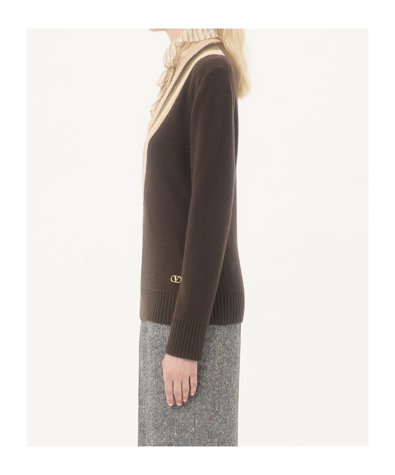 Valentino Virgin Wool Contrast V-neck Sweater In Brown