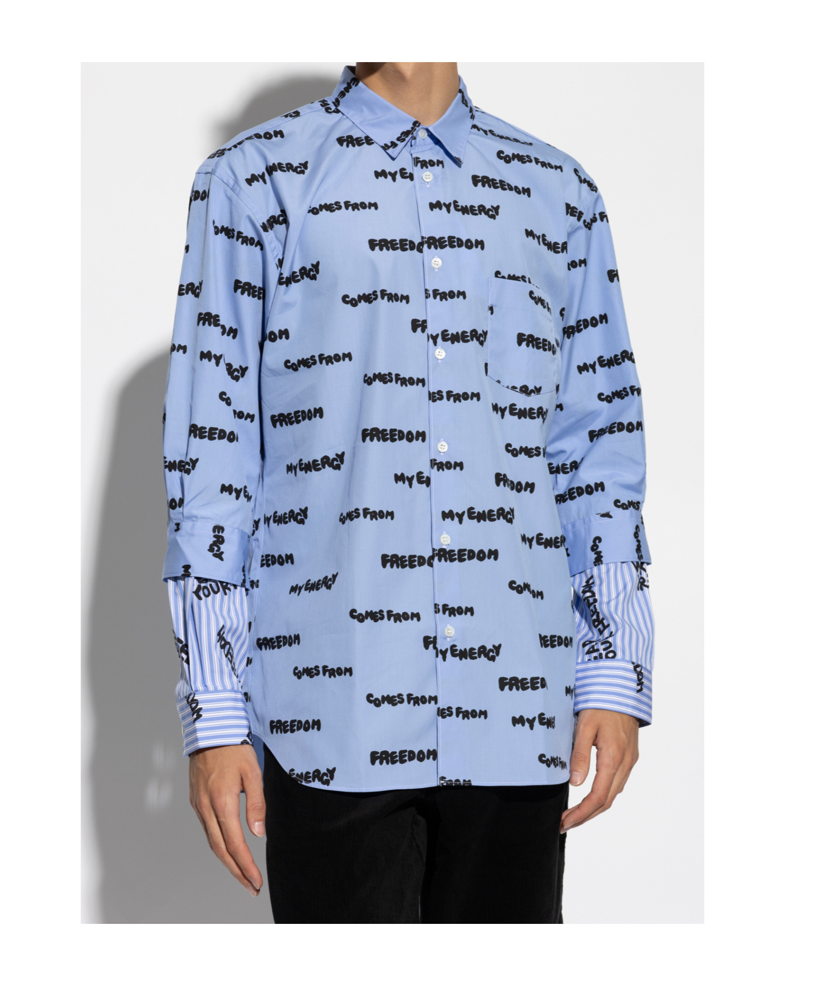 Comme Des Garçons Cotton Shirt With All Over Slogan Print In Blue