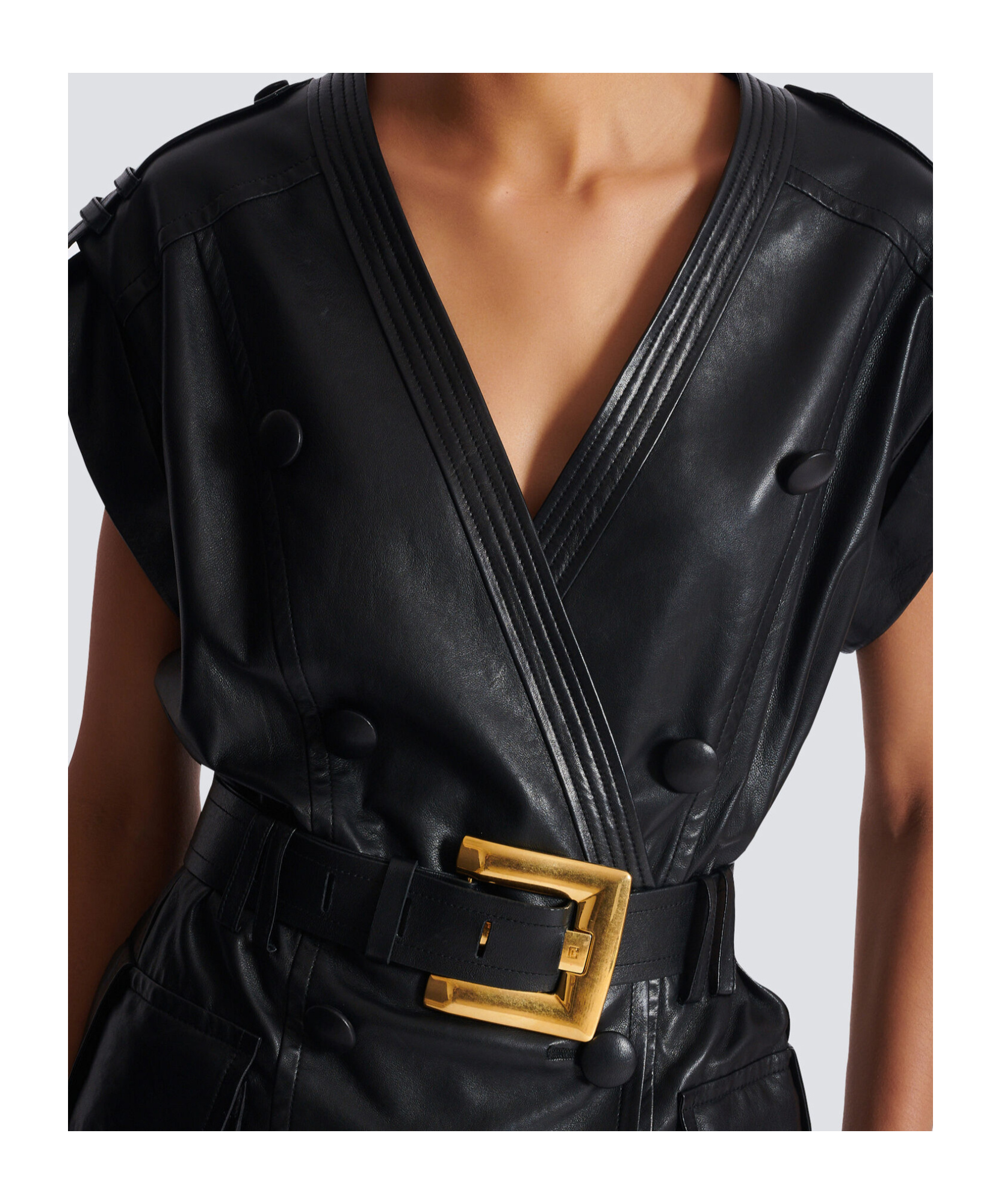 Balmain Lambskin Leather Short Belted Dress In Black