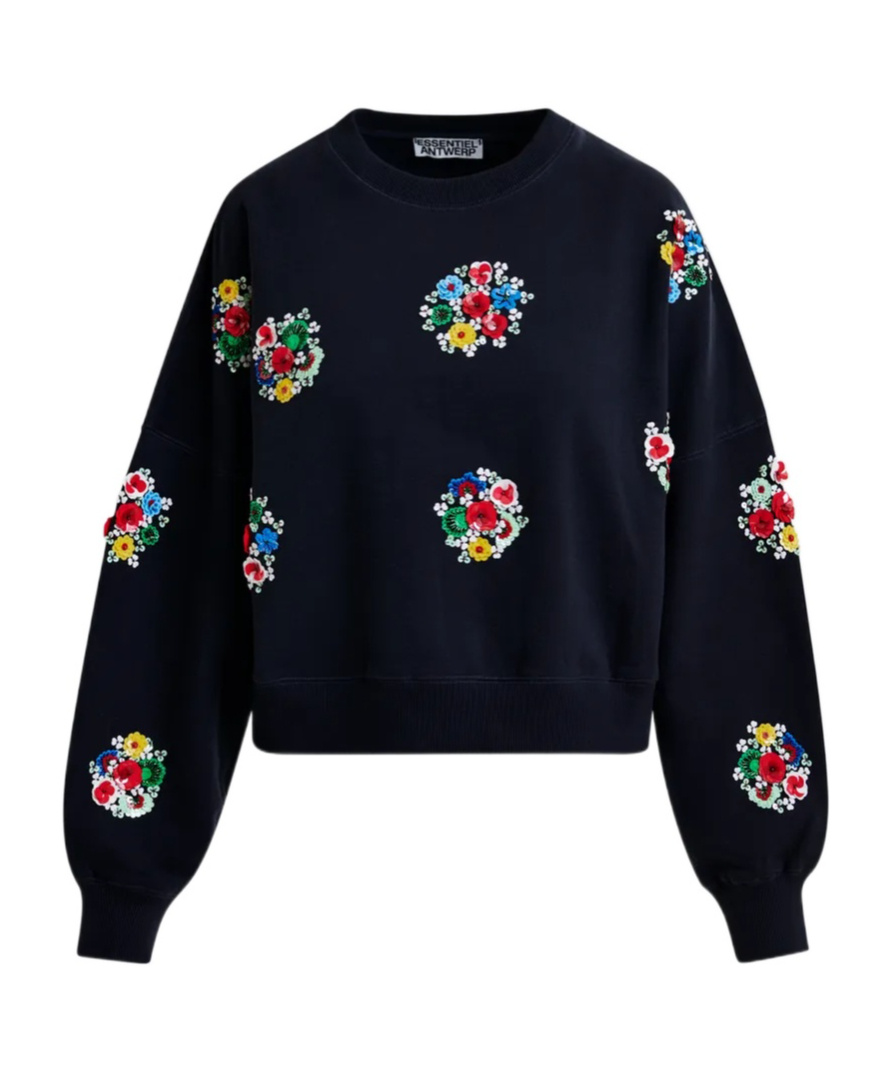 Essentiel Antwerp Navy And Multicolor Cotton Sweatshirt With Floral Sequin And Bead-embellished Embroideries In Black