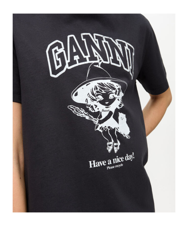 Ganni Black Crewneck T-shirt With Maxi Logo Lettering On The Front And Maxi Print On Front And Rear In Black