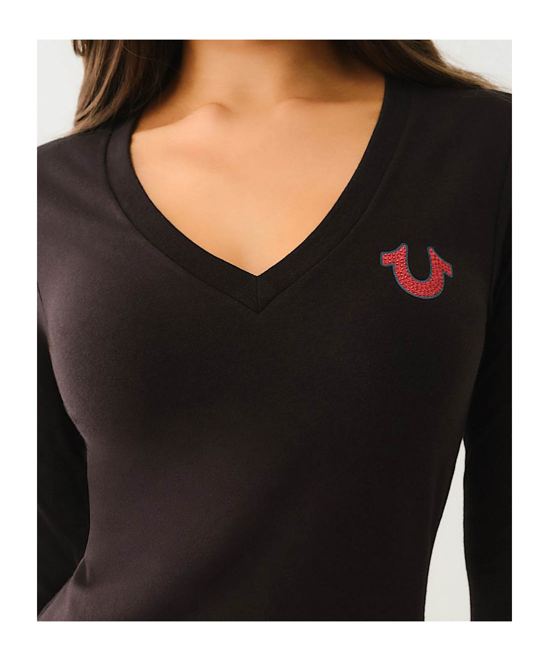 TRUE RELIGION CRYSTAL LOGO LONG SLEEVE V NECK TEE