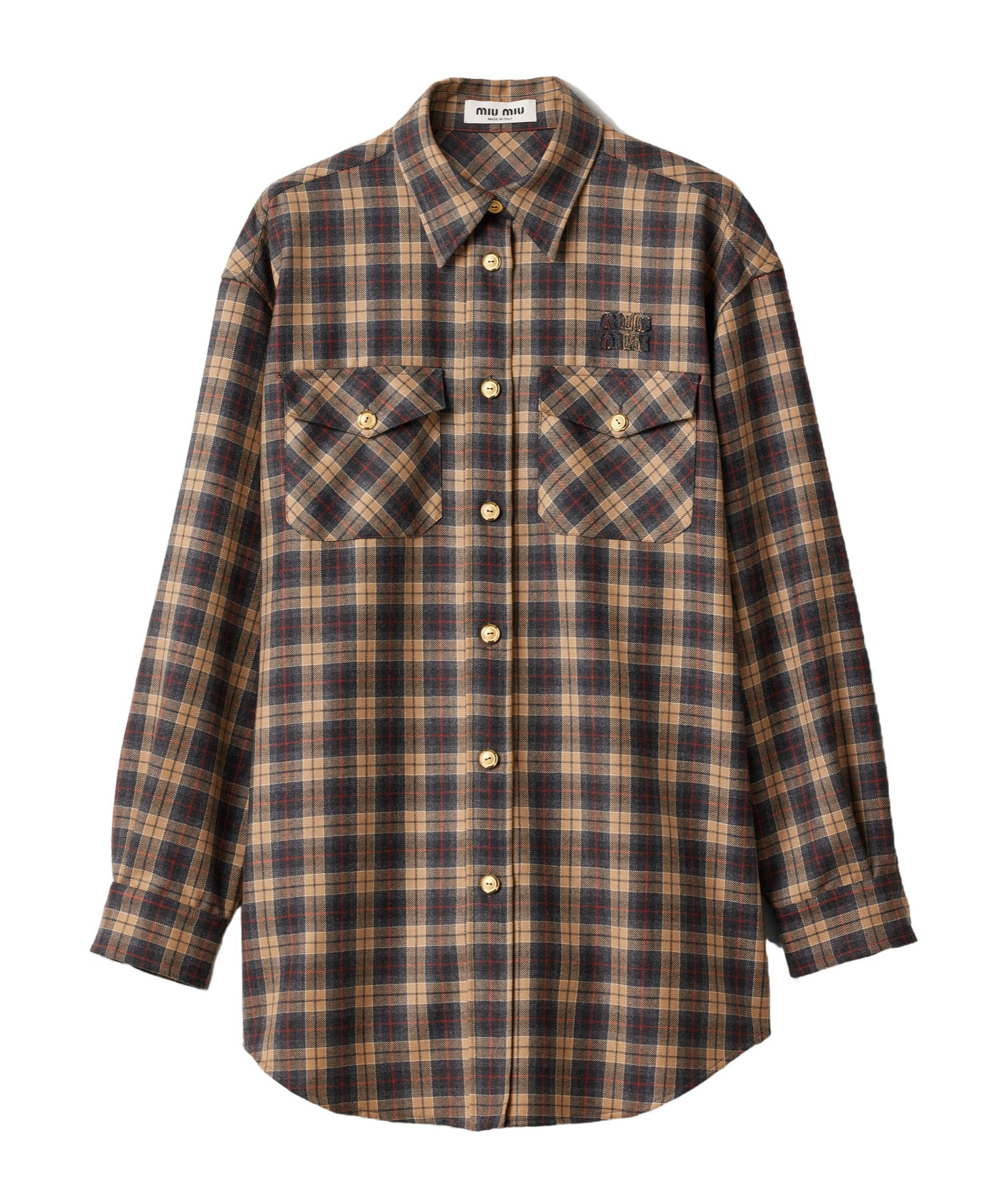 Miu Miu Checked Wool Long-sleeved Shirt In Brown