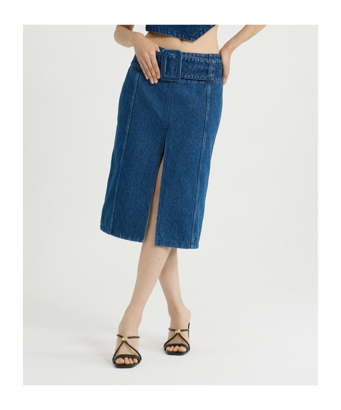 Patou Belted Denim Midi Skirt In Blue