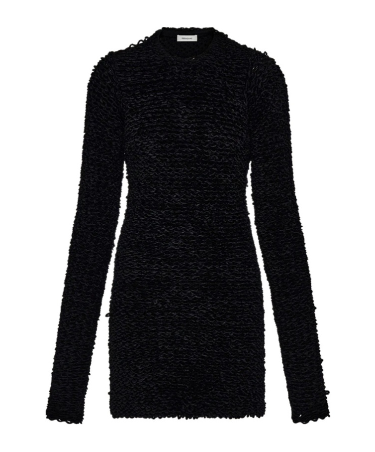 Ferragamo Astrakhan-effect Long-sleeve Mini Dress In Black