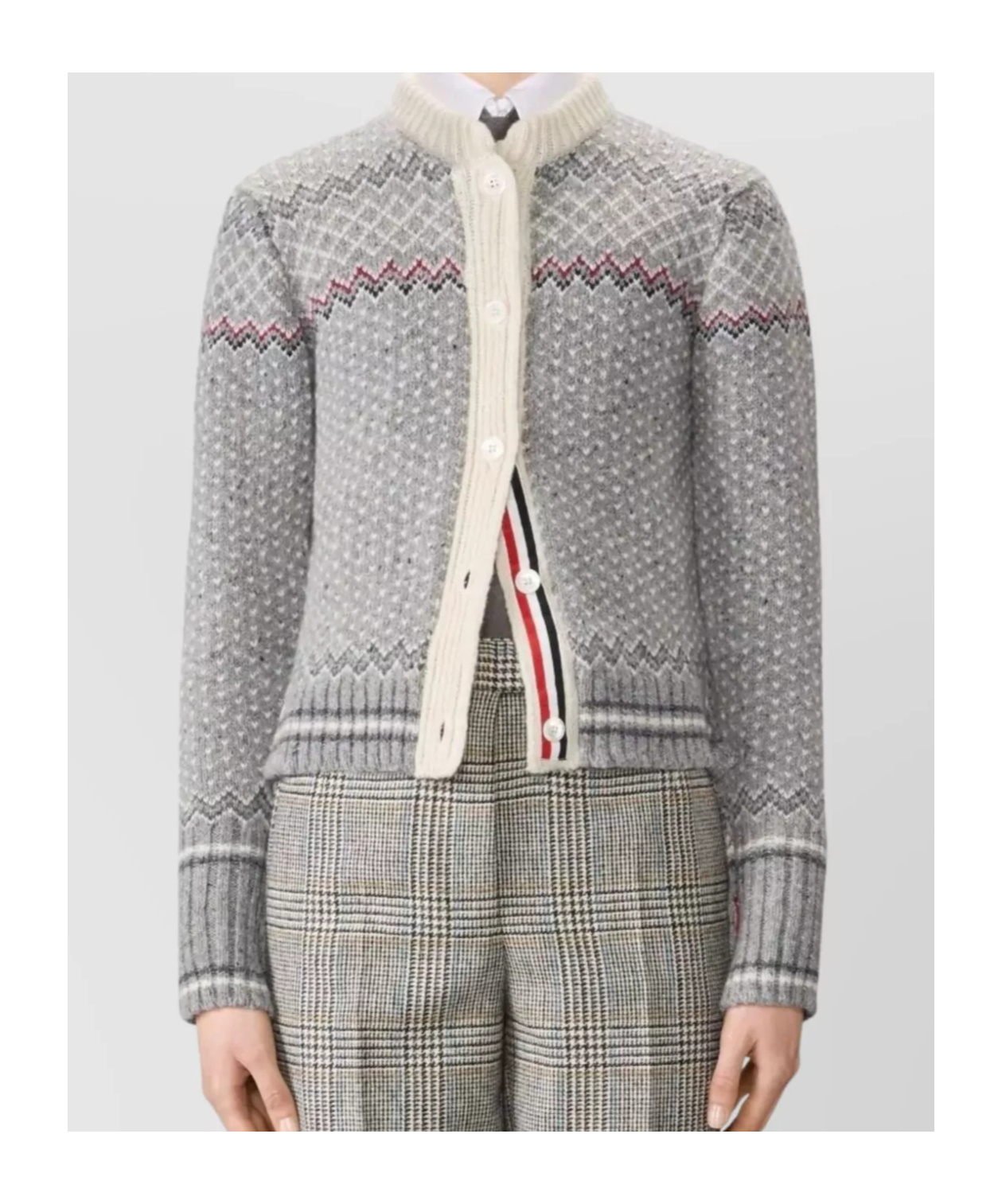 Thom Browne Cropped Crew Neck Cardigan With Fairisle Pattern In Gray