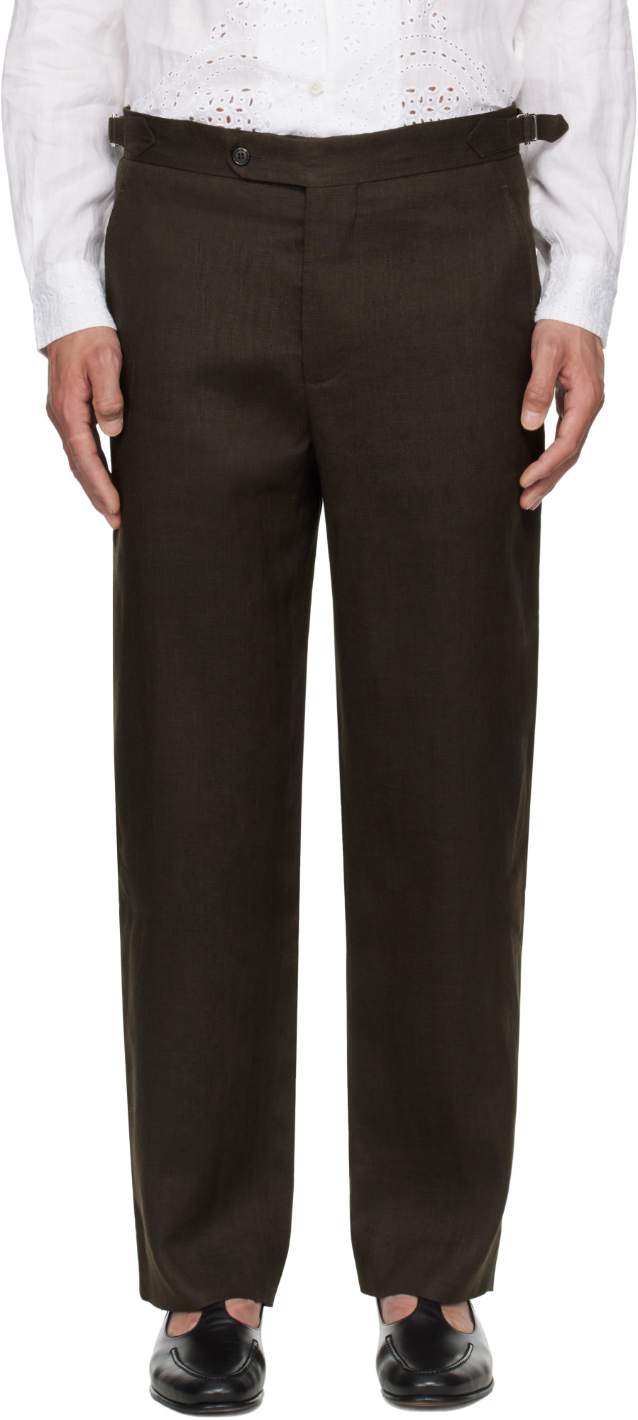 Bode Nrown Lightweight Linen Side-buckle Trousers In Black