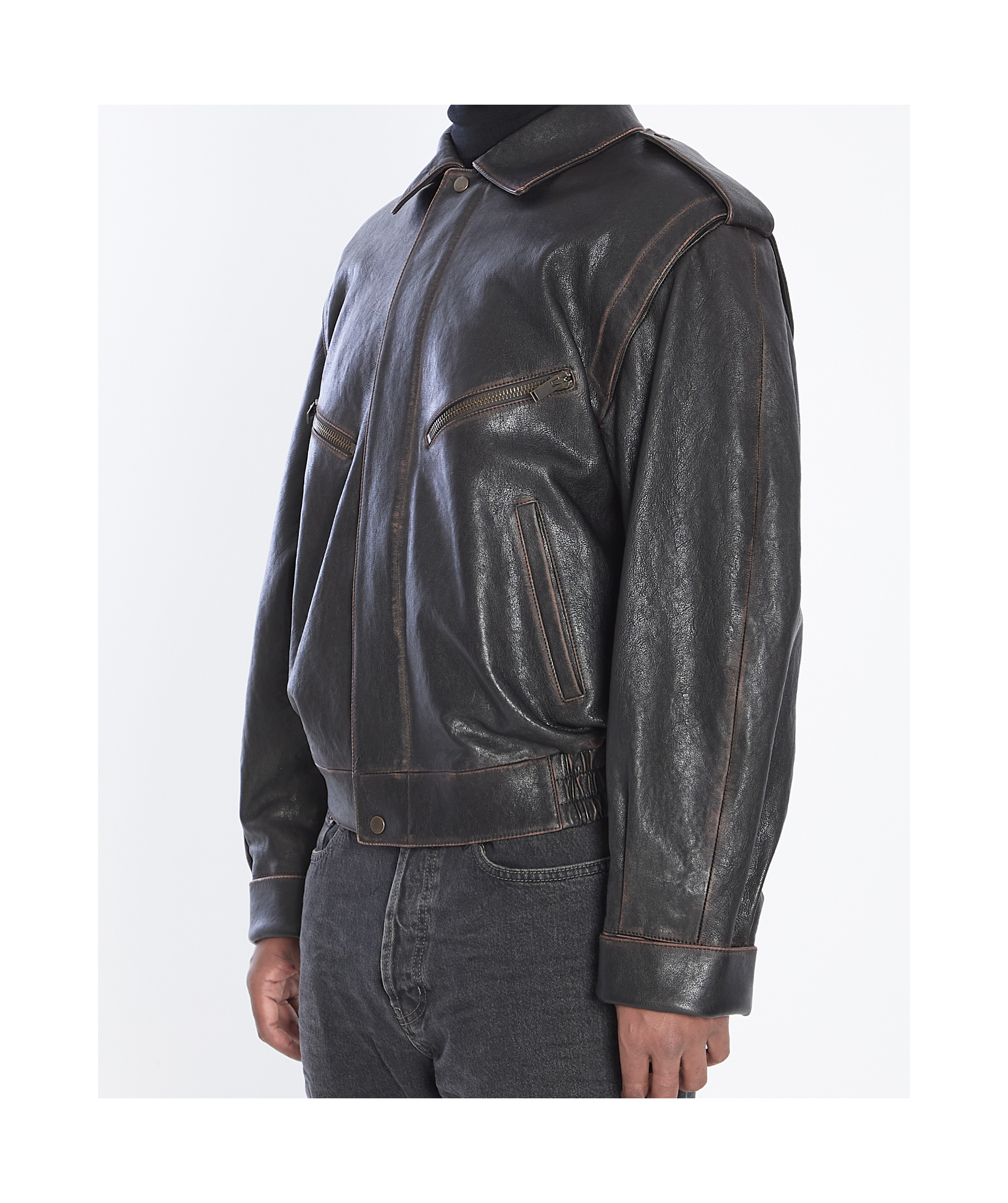 Saint Laurent Brown Jacket With Lived Effect And Front Welt Pockets In Leather Man In Black