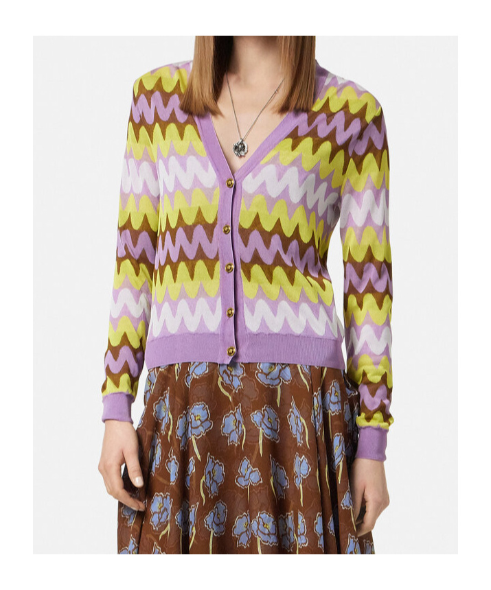 Versace Multicolor Wave Jacquard Knit Cardigan In Purple
