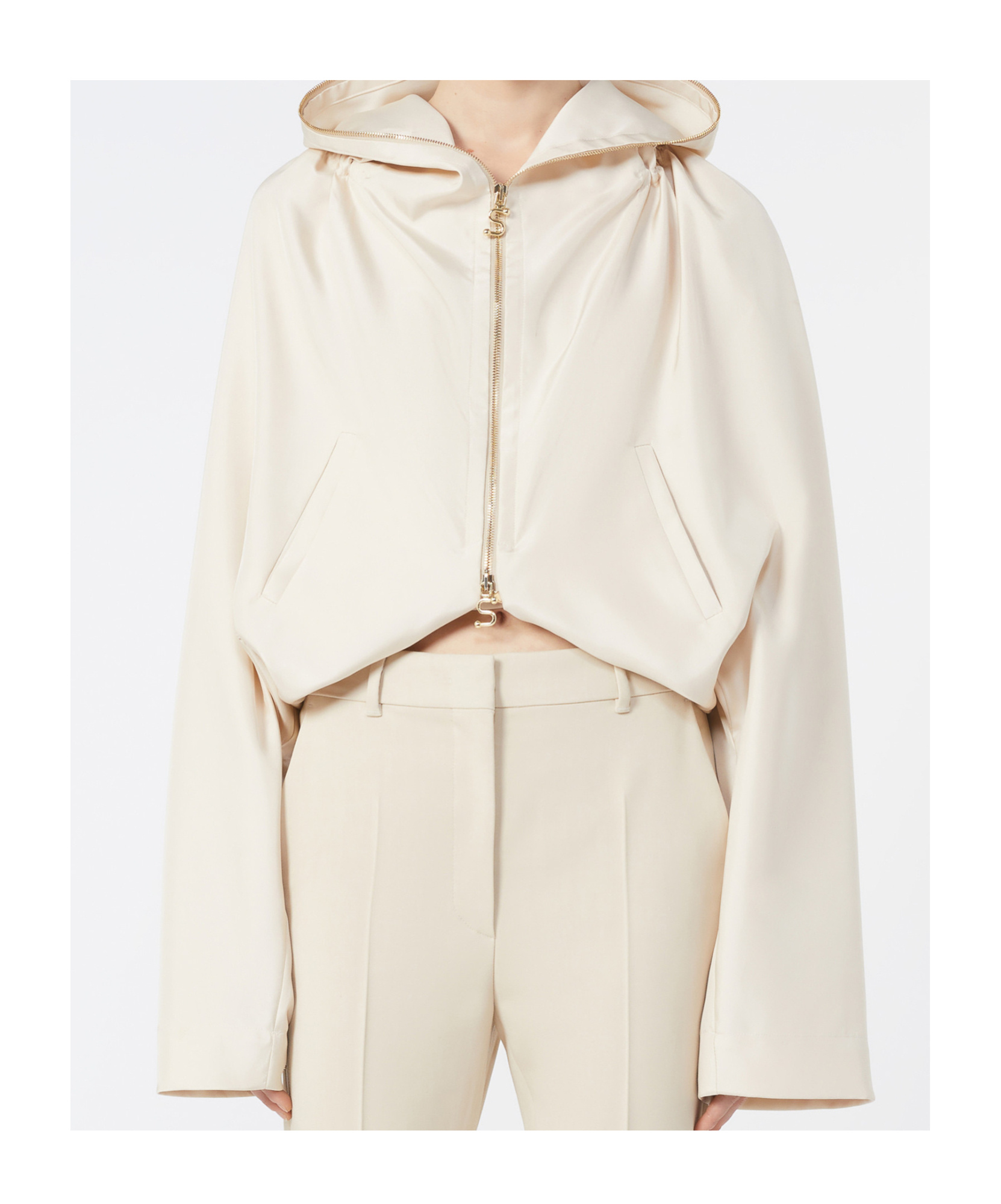 Sportmax Silk Kimono Jacket With Hood And Pockets In Neutral