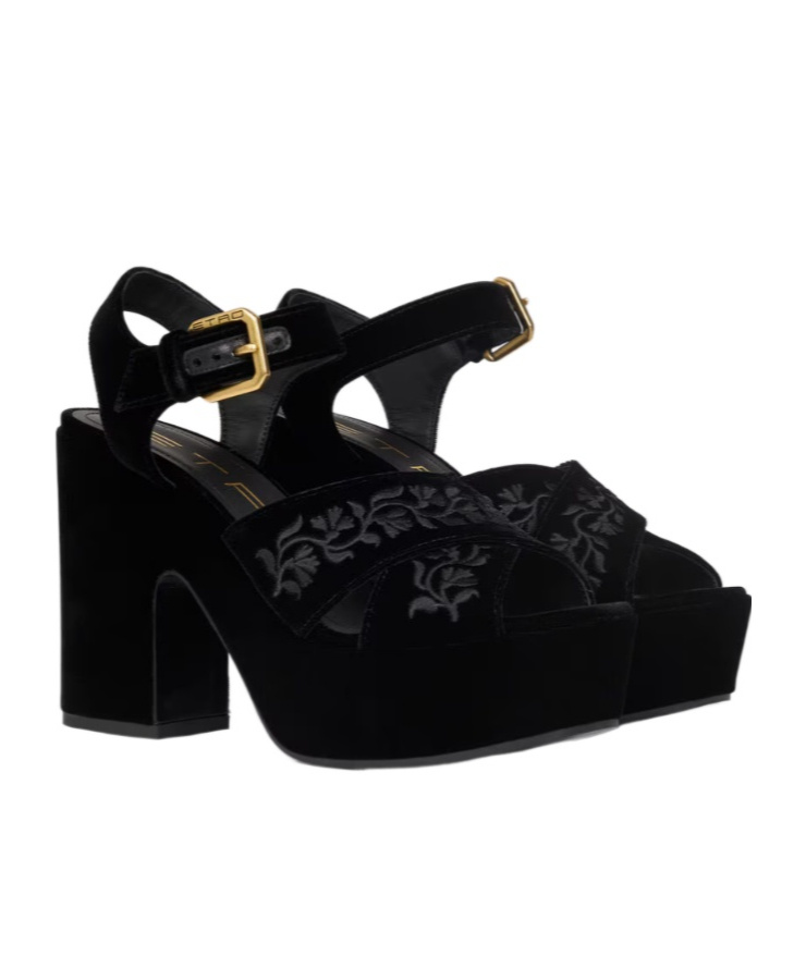 Etro Velvet Platform Sandals With Embroidery In Black