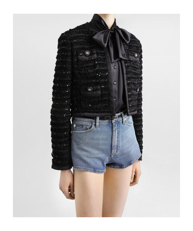 Dolce & Gabbana Short Single-breasted Tweed Jacket With Micro-sequin Embellishment In Black