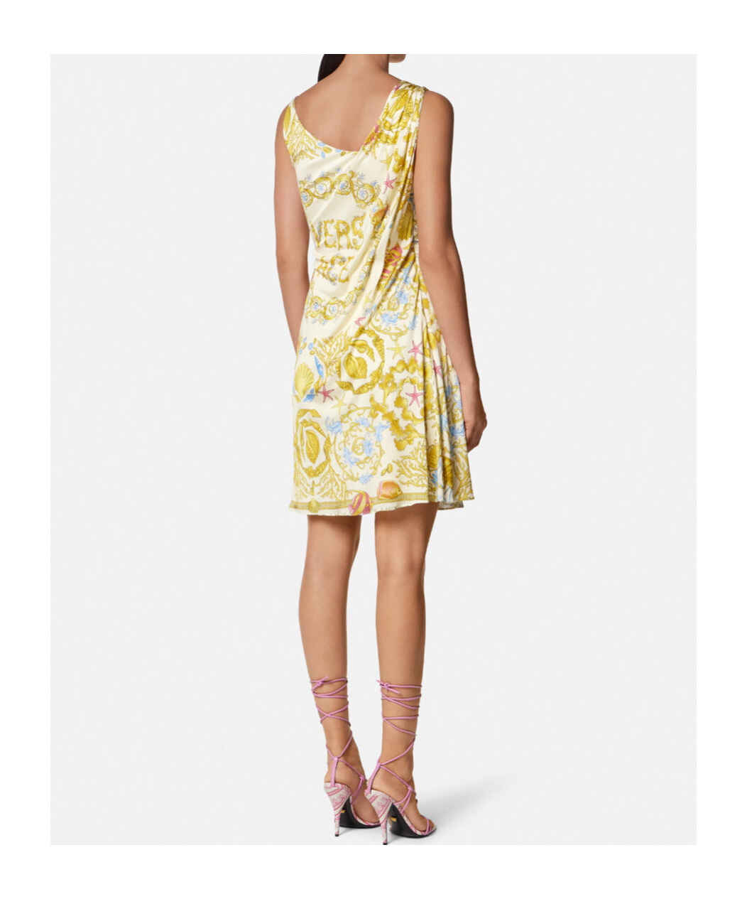 Versace Underwater Barocco Multicolor Sleeveless Dress With Tie Detail On The Sleeve And All-over Barocco Mo