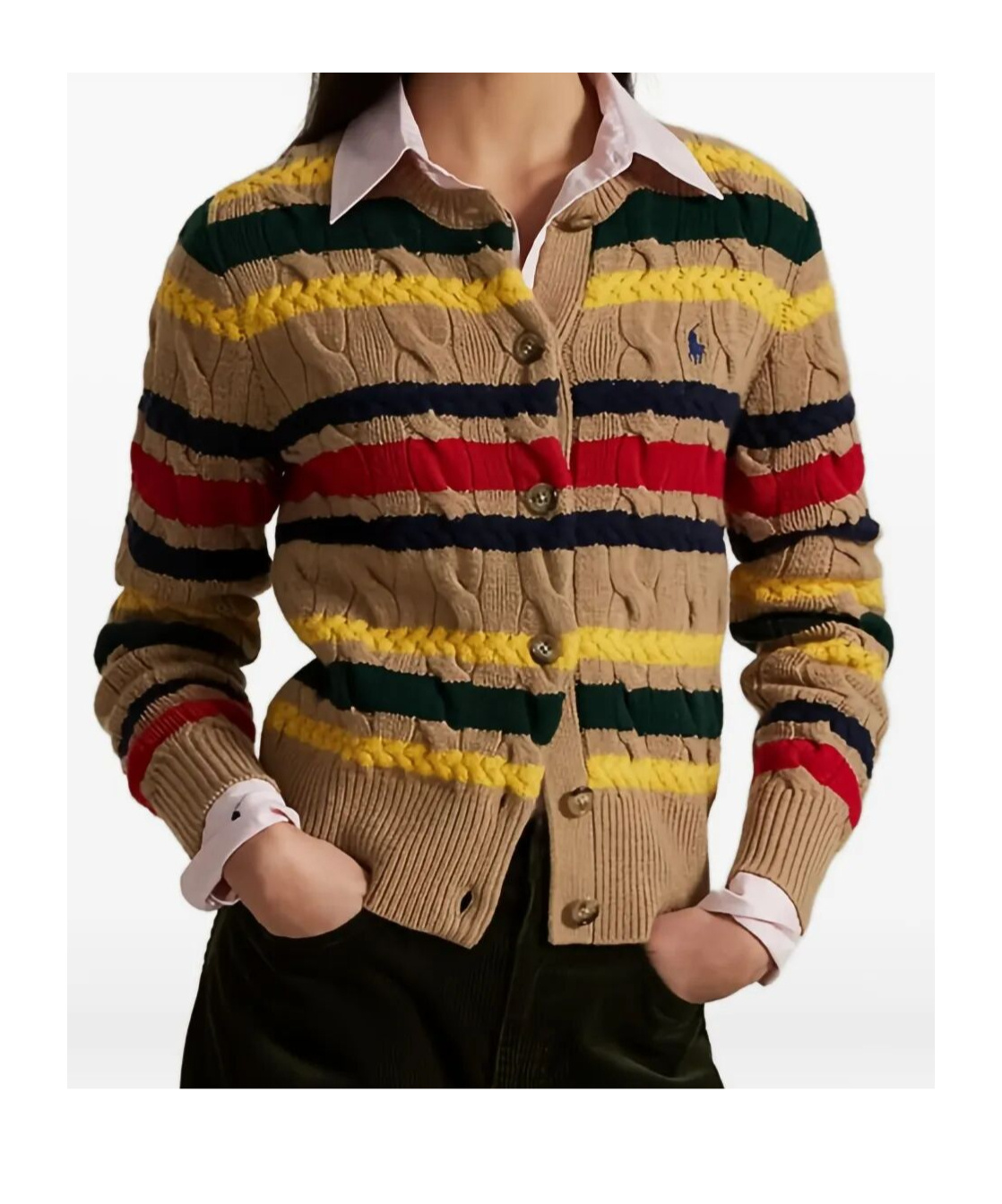 Polo Ralph Lauren Striped Cable Knit Cardigan With Ribbed Cuffs And Hem In Brown